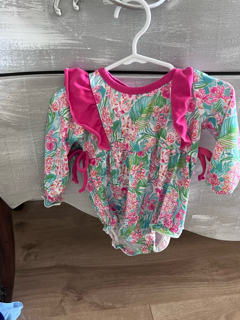 Toddler Floral Ruffle One-Piece Bodysuit in Hot Pink and Teal